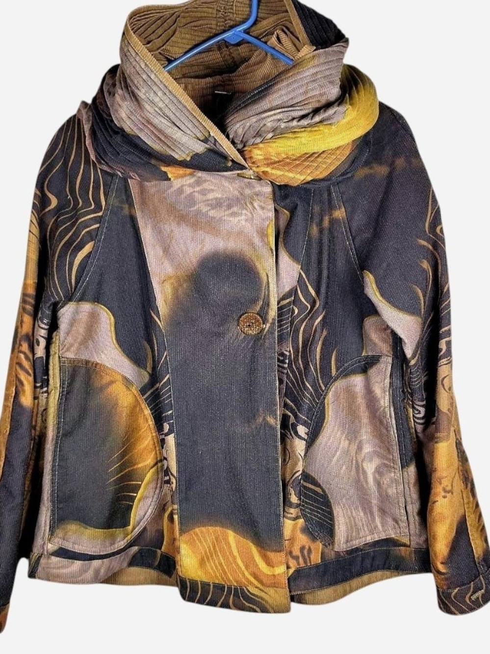 Grunge Whimsigoth Reversible Corduroy Abstract Print Cowl Neck Jacket Medium